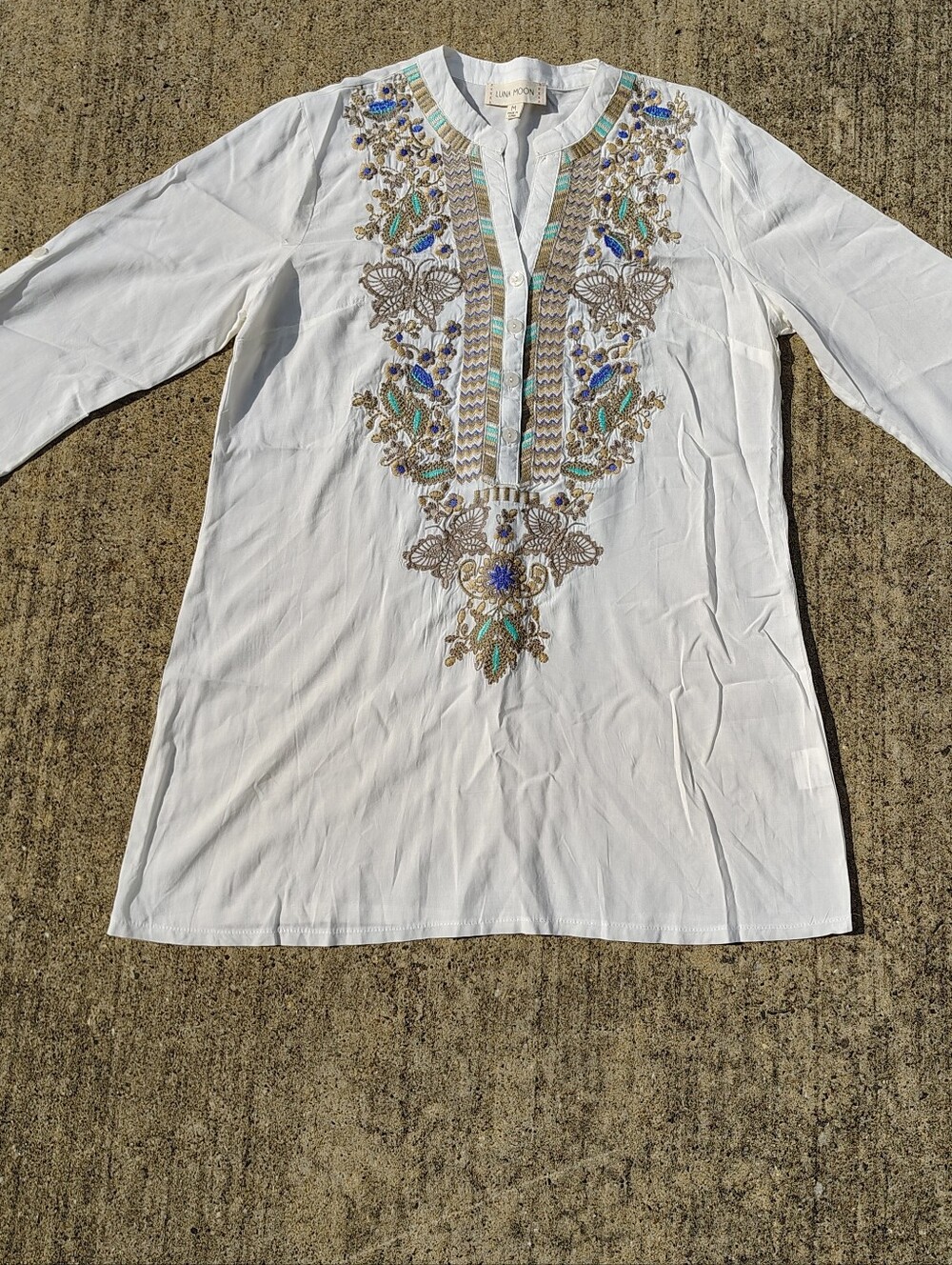 Anthropologie Luna Moon Floral Embroidered Tunic Top 3/4 Sleeve Boho Medium